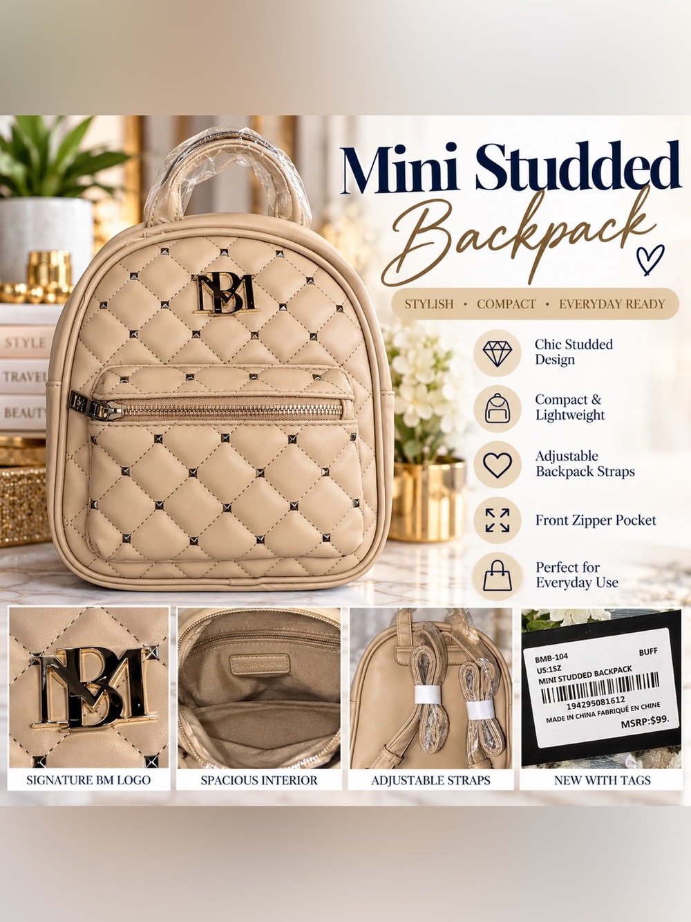 NWT Buff Mini Studded Backpack – Quilted Design – MSRP $99